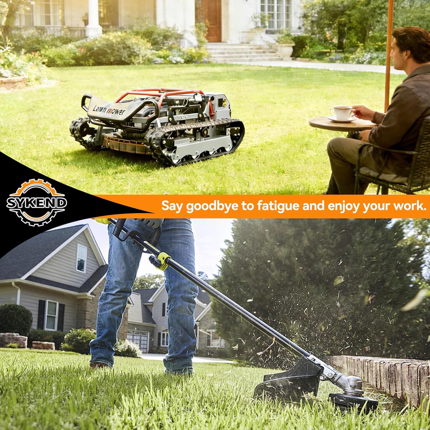 Setting up the SYKEND remote control lawnmower for the first time showing fuel fill and remote control pairing