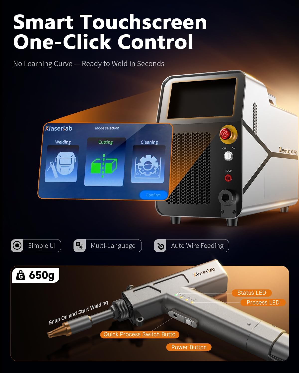 X1pro laser welder review feature evaluation - close-up of welding gun and touchscreen interface