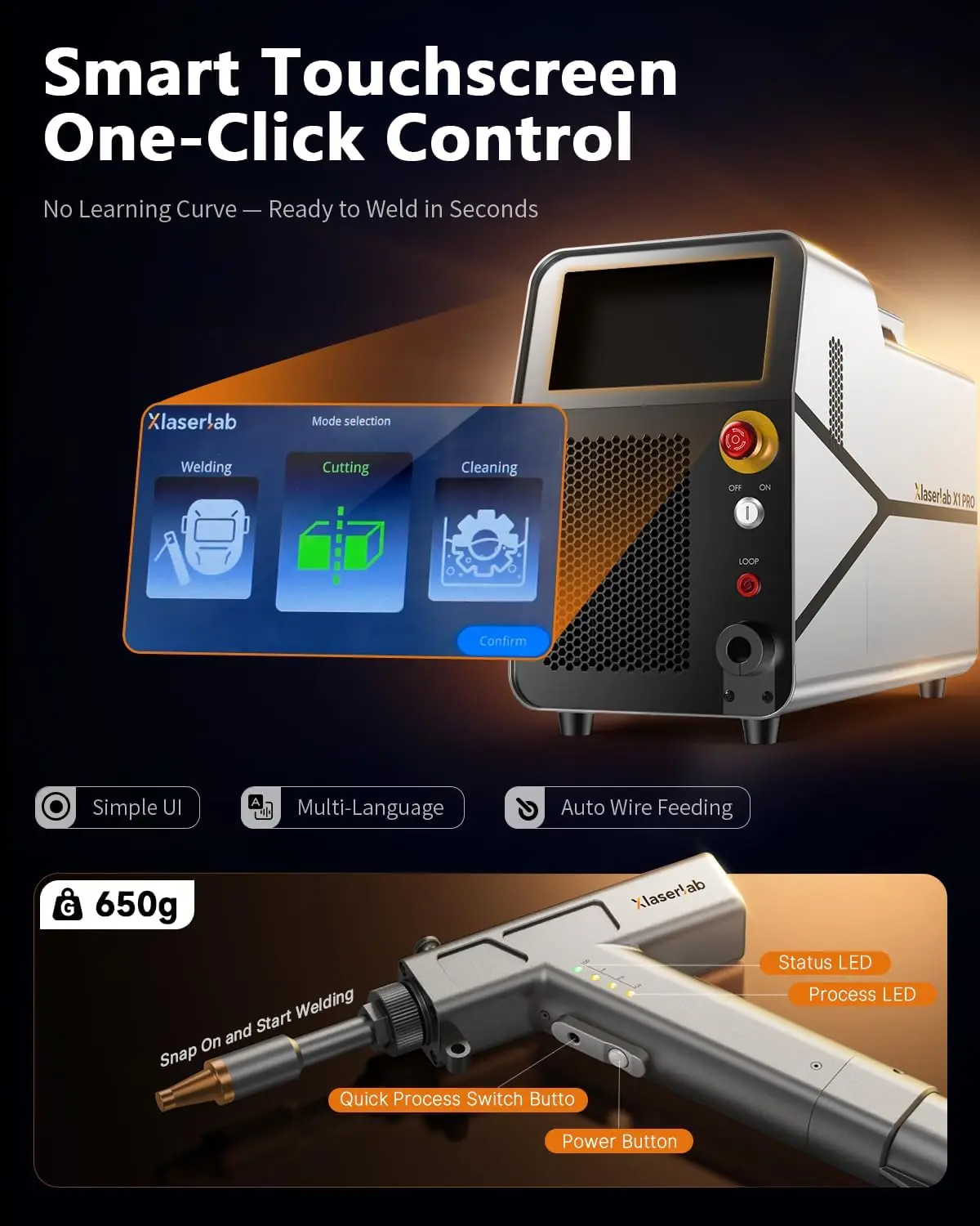 X1pro laser welder review feature evaluation - close-up of welding gun and touchscreen interface